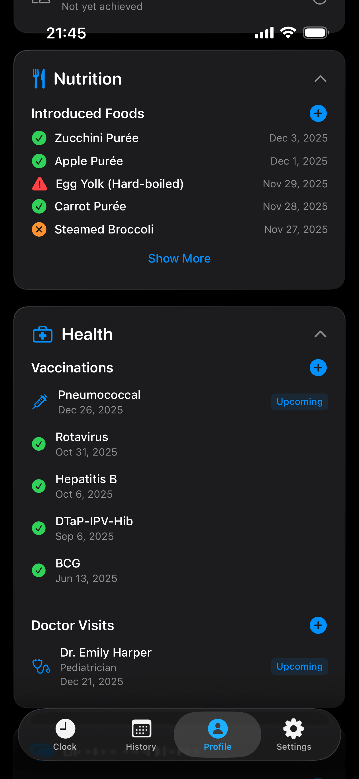 Medicine and vaccination tracker showing scheduled doses and immunization records
