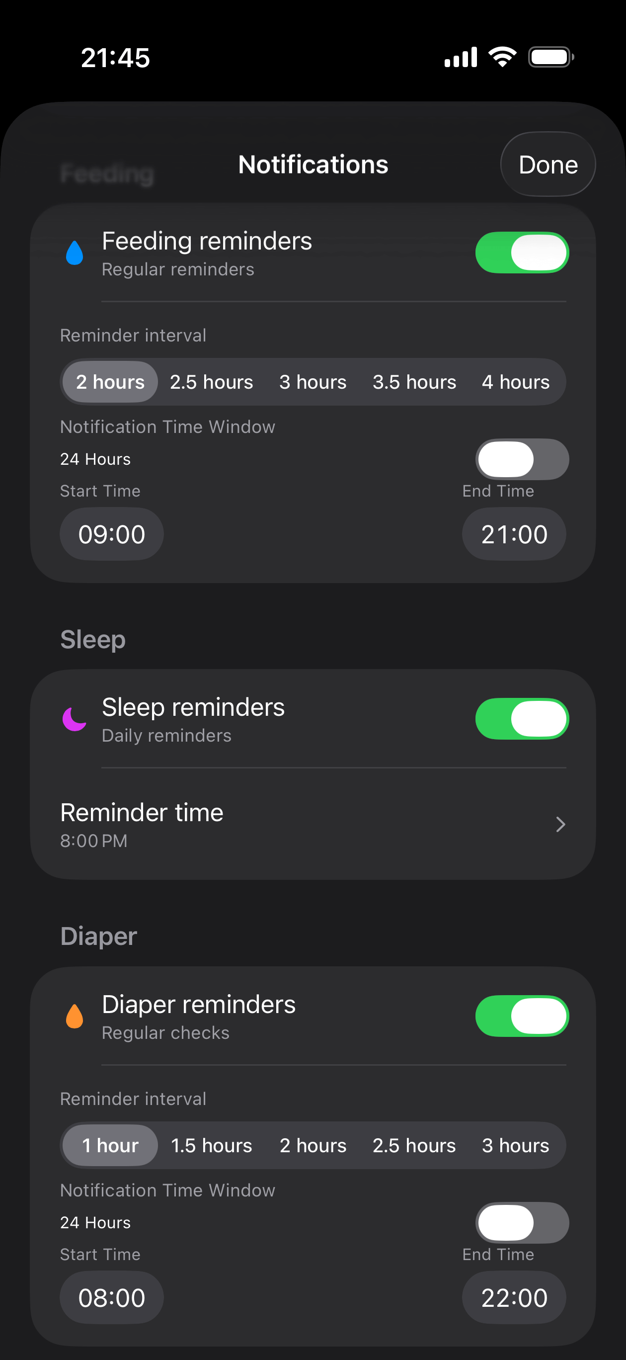Notification settings for feeding reminders, sleep schedules, and milestone alerts