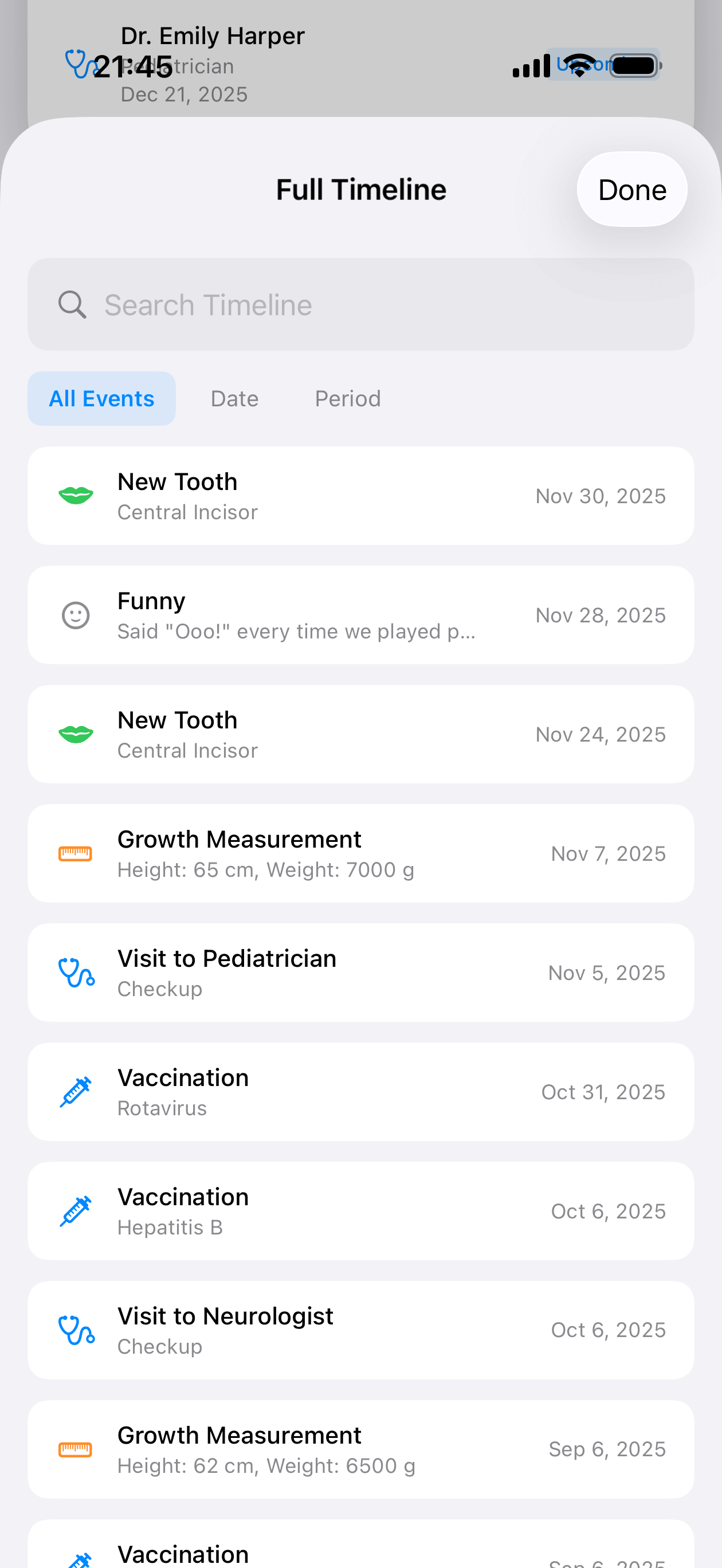 Detailed timeline view showing chronological baby feeding and sleep schedule